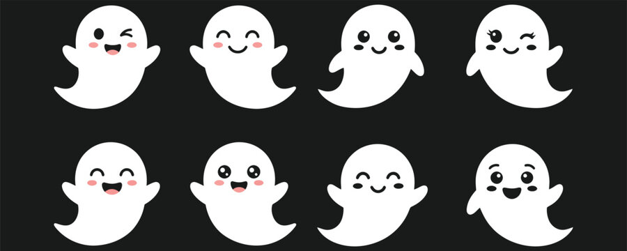 Cute Halloween Ghost Vector Illustration Set with Kawaii Facial Expressions
