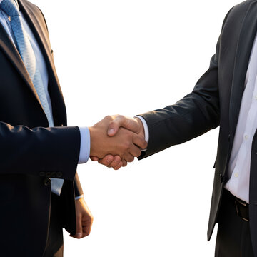 Two businessmen shaking hands firmly together.