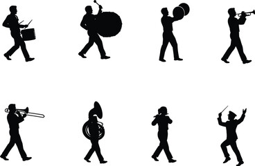 Marching Band Silhouette Collection with Drummers Brass Musicians Sousaphone Player and Conductor Performance Poses © MdShahin