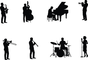 Jazz Band Silhouette Collection with Saxophone Piano Trumpet Trombone Drums Vocalist and Double Bass Musicians © MdShahin