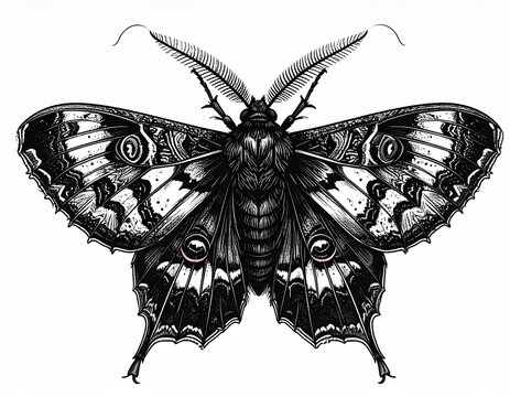 Detailed black and white moth illustration with intricate wings