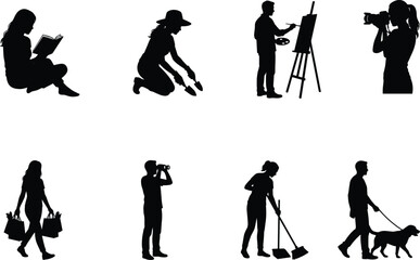 Fototapeta premium People Activity Silhouette Collection Featuring Reading Gardening Painting Photography Shopping Cleaning and Dog Walking Poses