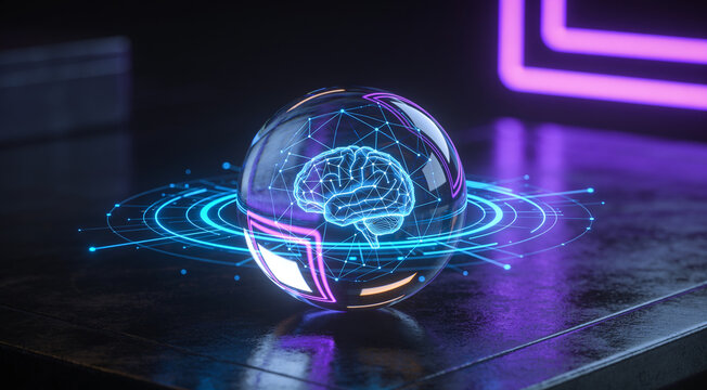 Futuristic glowing neon wireframe brain model inside a transparent crystal sphere on a dark metallic surface representing deep learning, cognitive computing, neural networks, and advanced intelligence