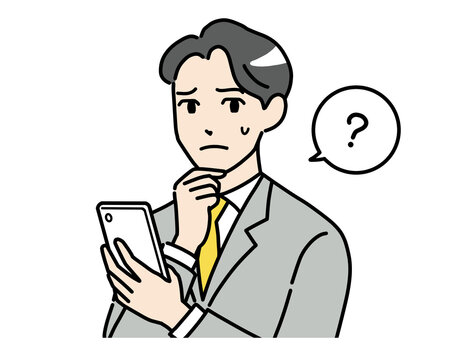 スマホを見て疑問に思うスーツを着た若い男性のイラスト　ビジネスマン　横