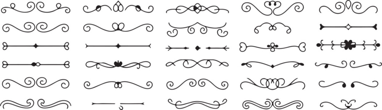 Collection of decorative text dividers and flourishes for page decoration with elegant calligraphic elements and line scrolls.
