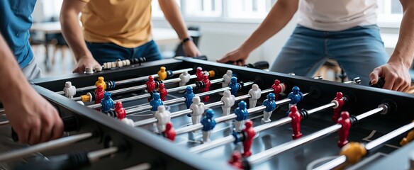 Obraz premium Indoor sports room featuring a lively foosball table with colorful players mid-game, ideal for fun and competition.