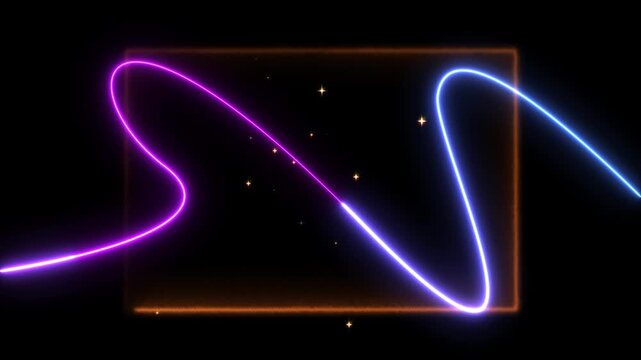 Abstract neon rectangular border on black background with moving blue purple wavy lines and shining gold stars animation 4K footage: Aesthetic Vaporwave Glowing Line Editing Background Video Loop