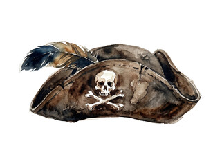 Obraz premium Detailed watercolor painting of a classic brown pirate hat featuring a prominent white skull and crossbones emblem with a vibrant red feather accent presented as a high resolution isolated on transpar