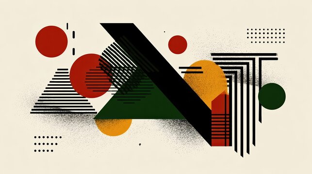 Bold abstract composition featuring sharp geometric shapes in red, black, green, and gold. Modern Afrocentric vector art with strong contrast and crisp graphic edges.