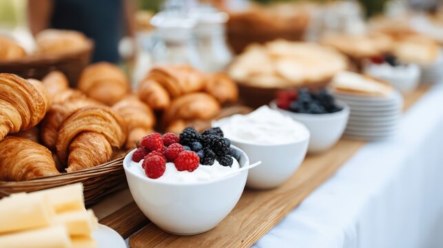 Bright breakfast buffet with croissants, yogurt bowls, and fresh berries on wooden tables. Modern hotel atmosphere and clean daylight create an appetizing, airy mood.