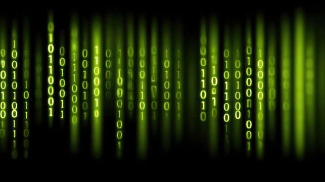 A single column of glowing green binary digits descends on a black background. This digital, high-contrast abstract art evokes a futuristic cyber atmosphere.