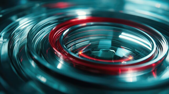 Ultra realistic macro of a professional camera lens with glowing neon reflections. Concentric optical glass rings create a dramatic, futuristic technology vibe.