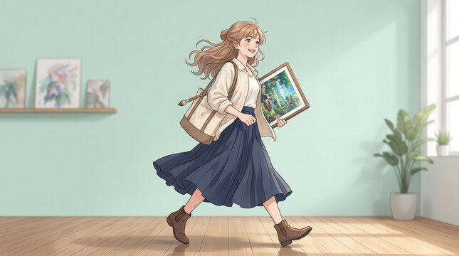 完成作品を持って歩く女性イラストレーター