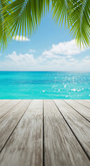 Fototapeta premium Wooden deck and turquoise ocean under a blue sky with palm leaves overhead, symbolizing tropical vacation, relaxation, and summer escape