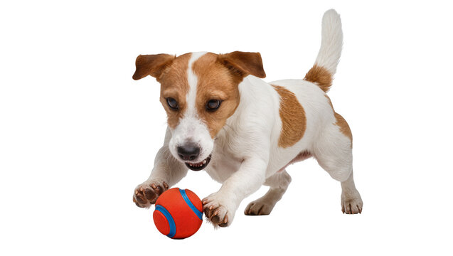 Jack Russell Terrier dog playing with red blue ball