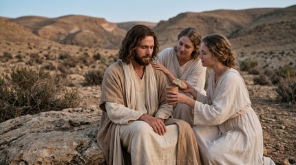 Obraz premium Man Jesus Christ sitting in desert receiving bread and water from two women. Biblical scene showing angels serving after temptation in wilderness. Religion, faith and spiritual service.