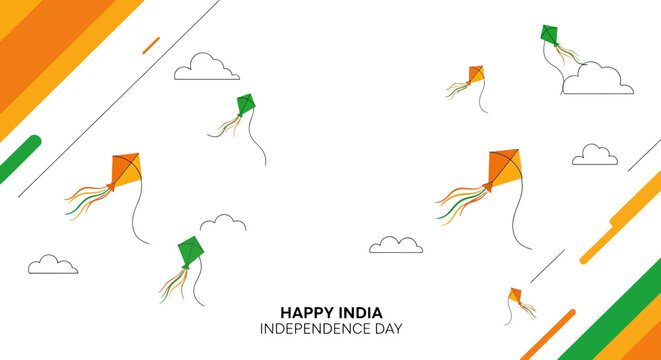 Happy India Independence Day vector background, tricolor kites flying in white sky with clouds, saffron and green patriotic celebration banner
