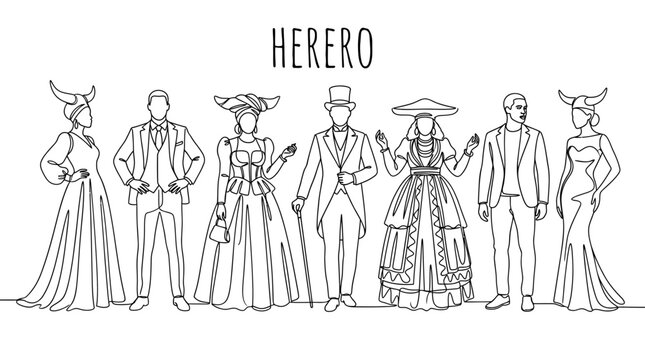 Traditional Herero people of Namibia illustration in diverse historical and cultural attire.