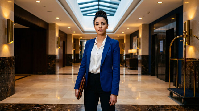 Confident young business woman in a blue blazer and white shirt stands in a modern hotel lobby, professional setting