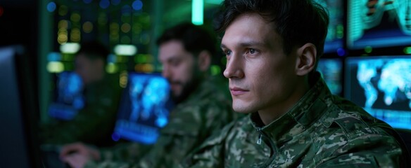 Fototapeta premium Soldiers analyzing global threat data on futuristic monitors in a high-tech cybersecurity command center.