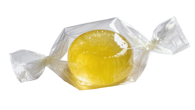 Round yellow candy wrapped in clear cellophane
