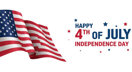 Independence Day banner with waving American flag, Happy 4th of July greeting on white background, patriotic United States celebration vector © FATEMA