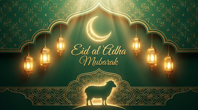 Luxurious Eid al Adha card shows glowing crescent moon, ornate lanterns. Elegant sheep silhouette, green gold palette with soft light rays creates festive Eid al Adha atmosphere.