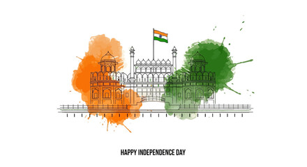 Indian Independence Day vector illustration, Red Fort monument with tricolor watercolor splashes, Happy Independence Day greeting banner © ZINIYAISLAM