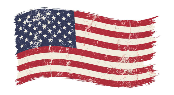 Vintage American flag with distressed texture, weathered USA national symbol in waving motion, rustic red white and blue patriotic vector illustration