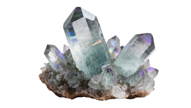 Cluster of clear aquamarine crystals with rainbow iridescence on matrix