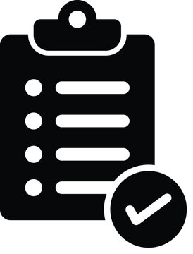 Black clipboard icon with checklist and checkmark