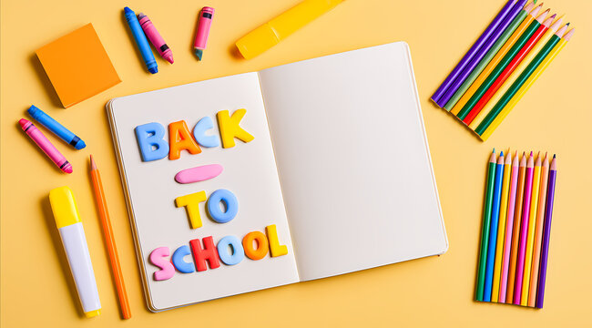 Composici&oacute;n Plana de Regreso a Clases con Libreta de Espiral y L&aacute;pices de Colores sobre Fondo Amarillo Brillante