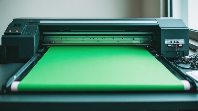 Modern plotter machine printing vibrant green material in office environment