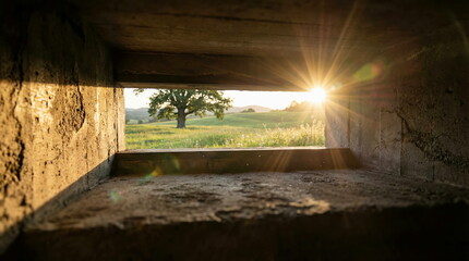 Fototapeta premium Concrete frame showcasing sunburst over expansive green field with tree, highlighting natural beauty and tranquility.