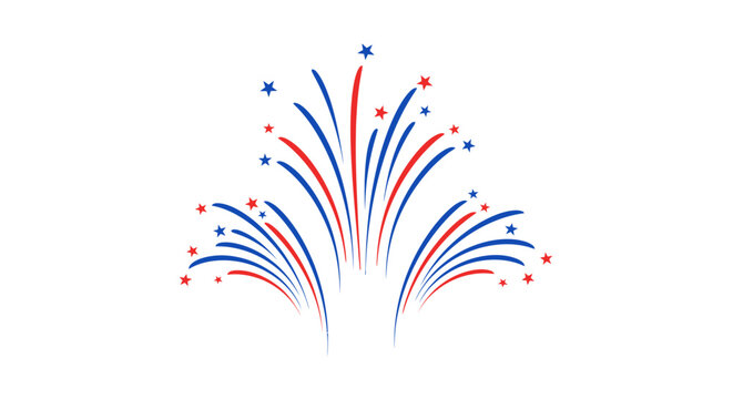 Patriotic fireworks vector illustration, red white and blue firework burst with stars, American independence day celebration graphic