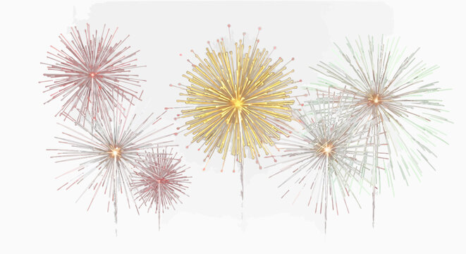 Golden and rose gold fireworks display on white background, festive pyrotechnic explosions for celebration, elegant holiday firework vector