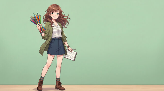 色鉛筆を持つイラストレーターの創作活動