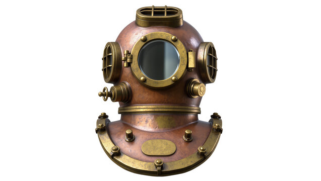 Vintage copper diving helmet with brass accents and portholes