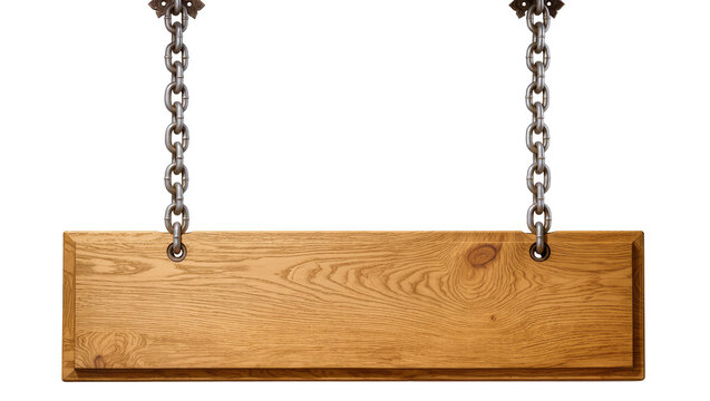 Wooden plank sign hanging from metal chains