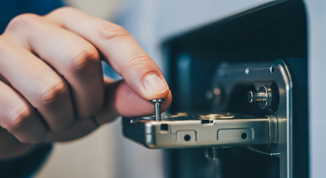 Technician Hand Installing Small Screw into Hardware Component representing Precision Technical Maintenance