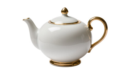 White ceramic teapot with gold trim and handle