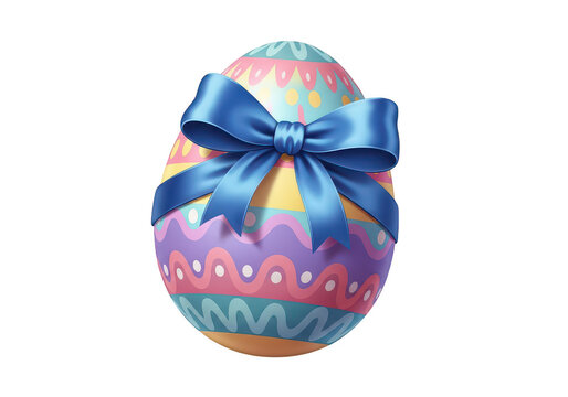 Colorful decorated easter egg with a shiny blue ribbon bow for spring holiday celebration isolated on transparent background