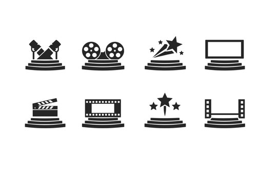 Collection of cinema and award icons on pedestals, representing film industry achievements