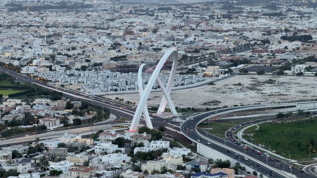 Aerial view of Al Wahda Bridge The Tallest Monument of Doha City. known as 56 Bridge of Arch	