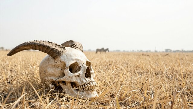 A skull with curved horns rests in a field of golden dry grass under bright sunlight.