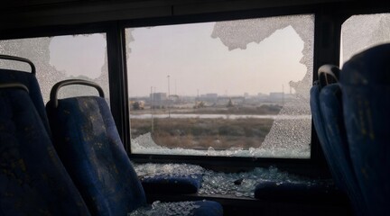 Obraz premium Broken Windows Inside Abandoned Bus Overlooking Industrial Site