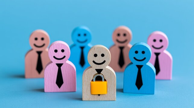Colorful Wooden Business Figures with Identical Smiling Faces, Featuring One Holding a Lock, Representing Security and Teamwork Concepts in an Engaging Way