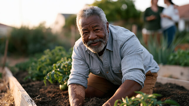 Elderly man with vitiligo gardening in a sunlit community plot, bare forearms showing skin variation proudly, kneeling beside tomato beds, neighbors chatting nearby, body