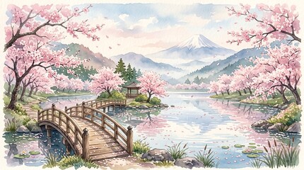 Fototapeta premium A serene watercolor painting of a Japanese landscape with pink cherry blossom trees, a wooden bridge over a calm lake, and distant mountains.
