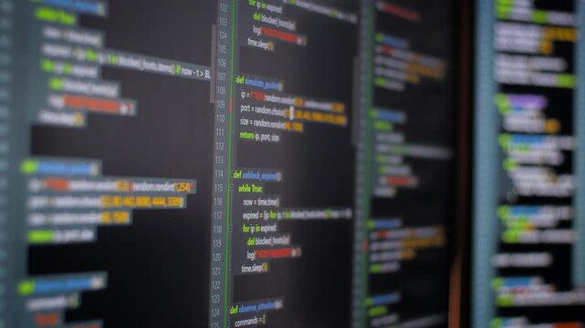 Close up computer monitors displaying fictional programming code and software development interface, technology workspace concept
